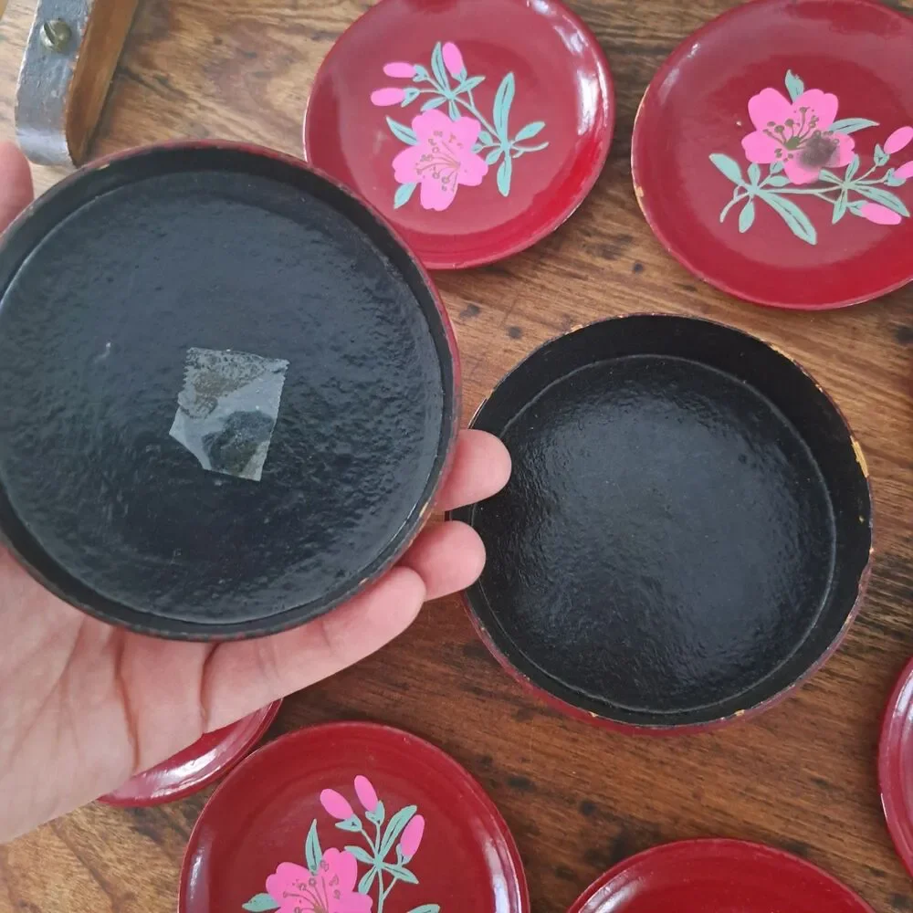 Vintage Set of 9 Red Pink Cranberry Japanese Lacquerware Coasters Plates Case